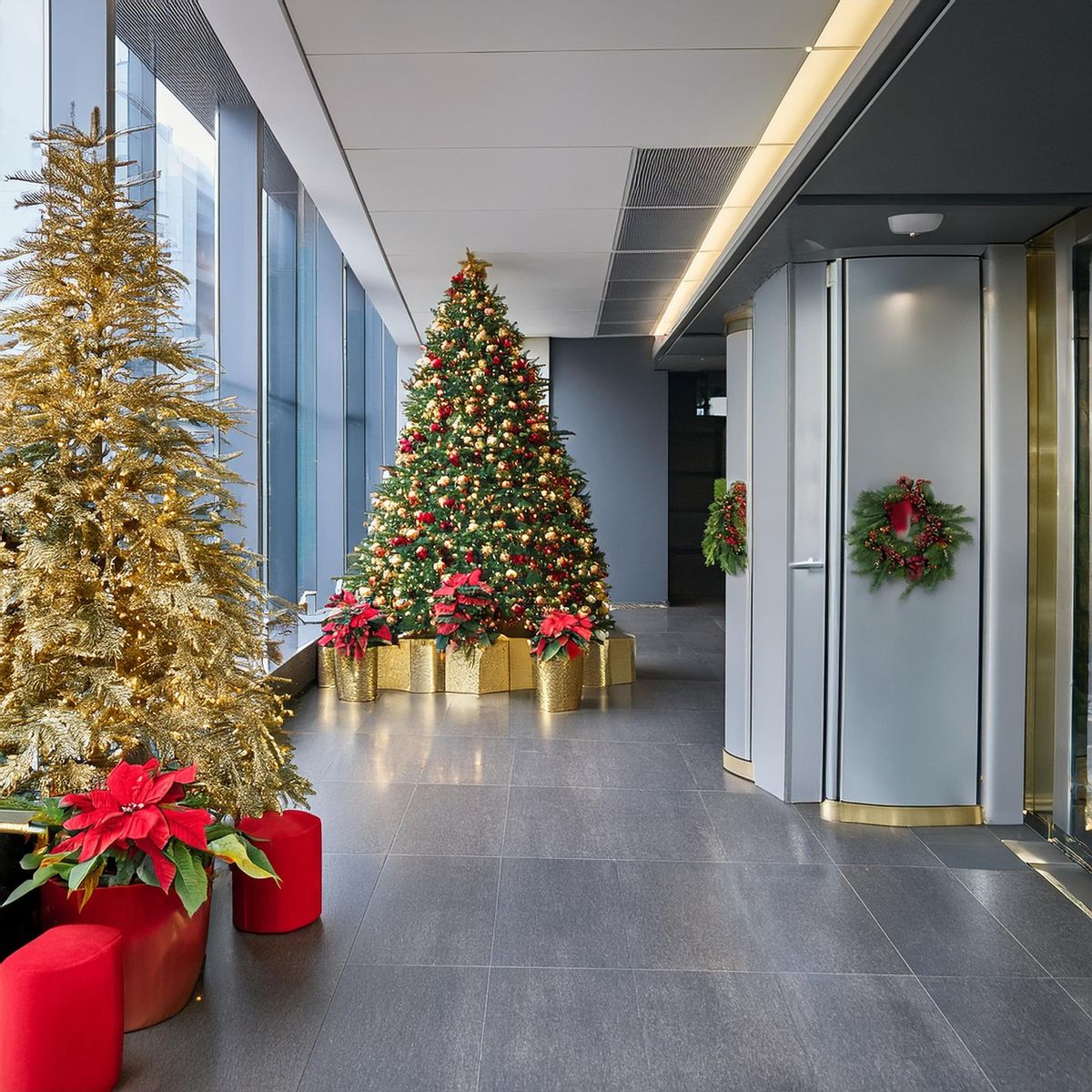 Christmas tree installation in a modern corporate lobby