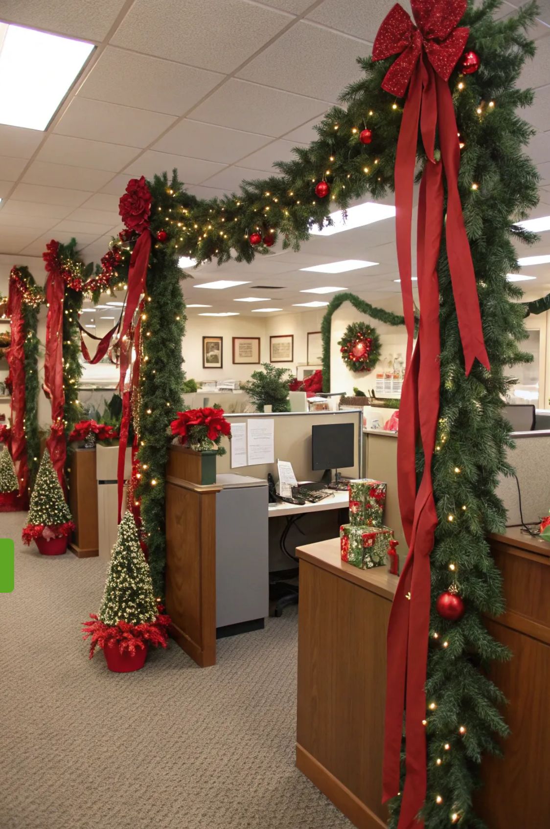 Christmas garland styling around office workstations