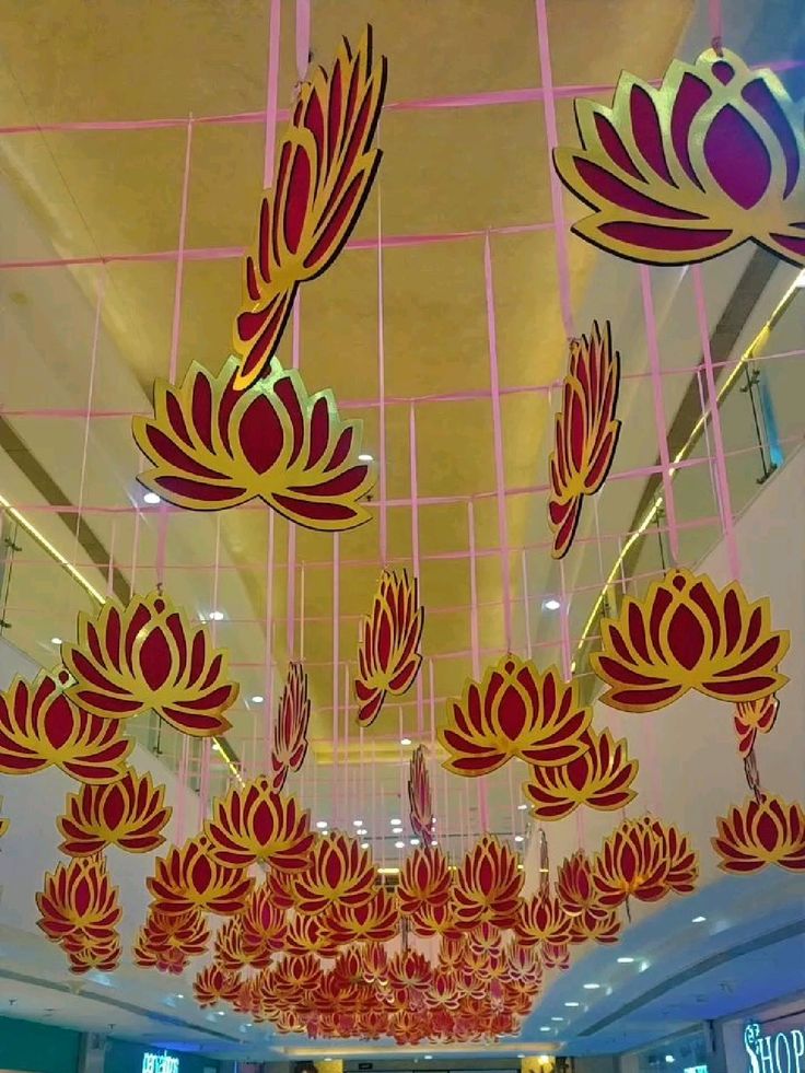 Hanging lotus office ceiling installation for Diwali