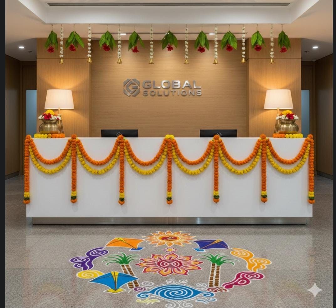 Diwali marigold and rangoli styling at a corporate reception