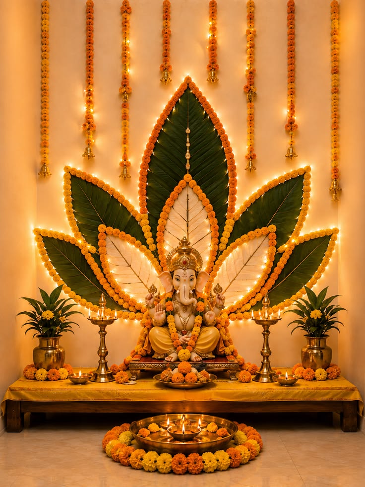 Ganpati mandap with banana-leaf floral design and warm lighting
