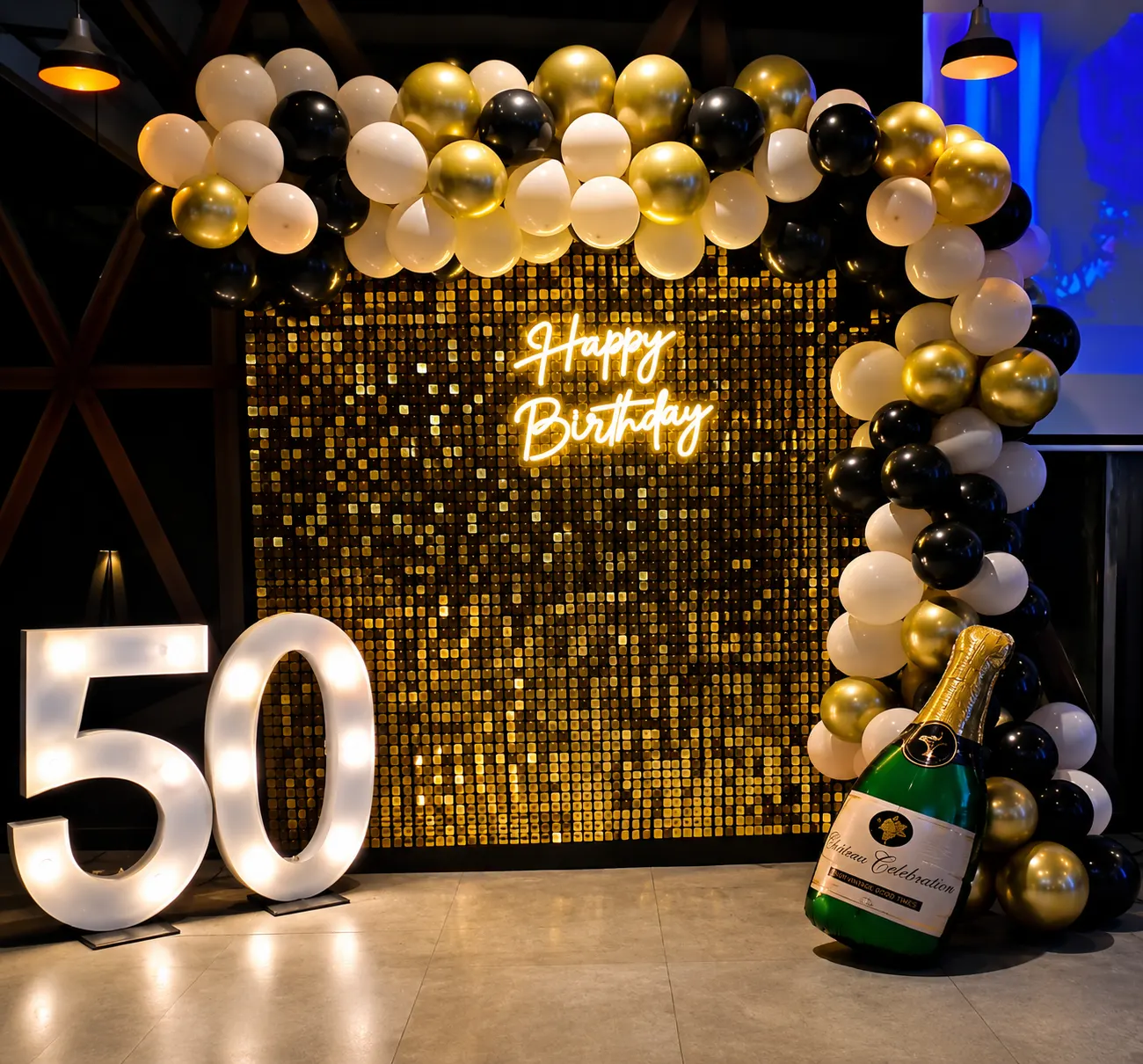 Fabulous 50 milestone birthday balloon decoration with champagne Noida