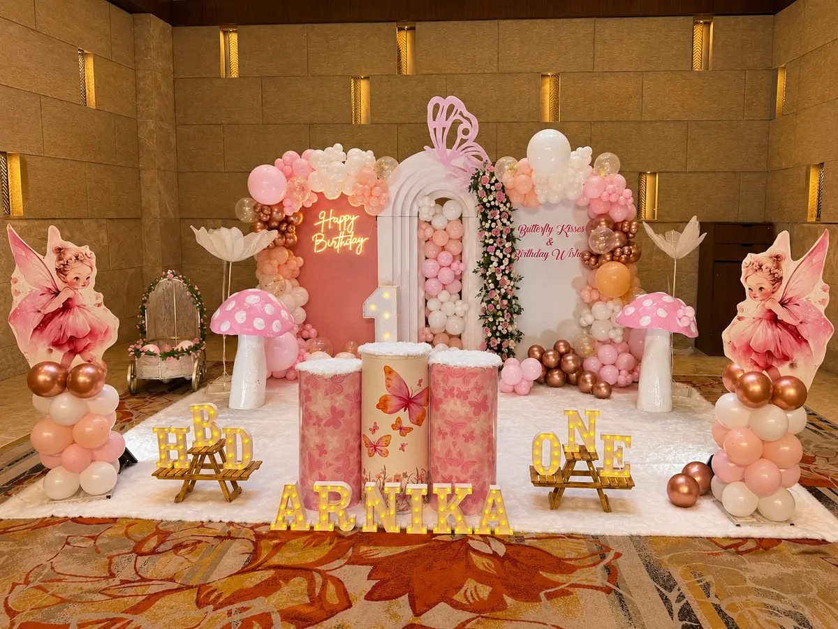 Fairy tale theme first birthday balloon decoration Noida