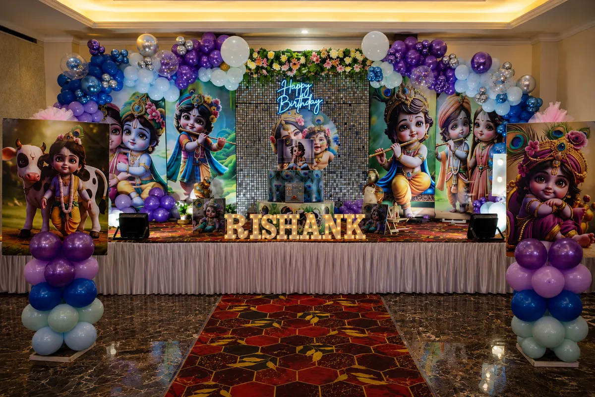 Krishna theme birthday balloon backdrop decoration Noida