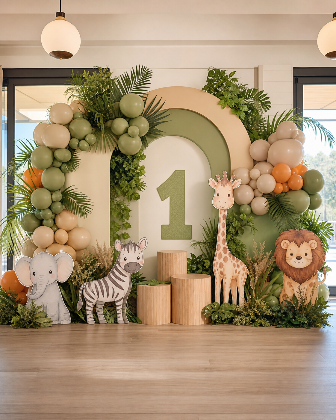 Premium jungle safari first birthday decoration with balloons and foliage