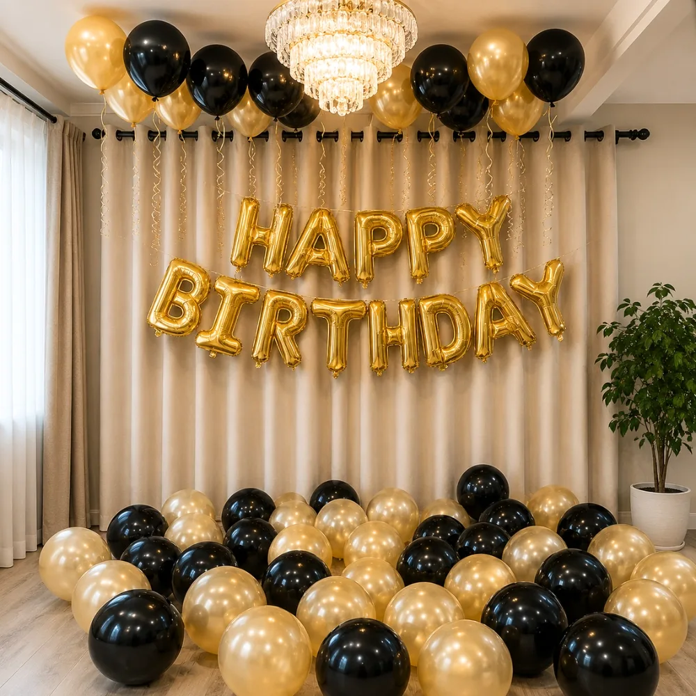 Black & Gold Ceiling Birthday Surprise balloon decoration setup in Delhi NCR