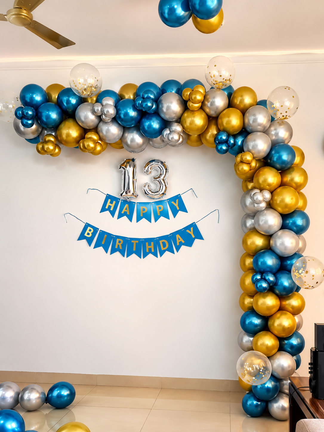 Blue, Gold & Silver Milestone Arch balloon decoration setup in Delhi NCR