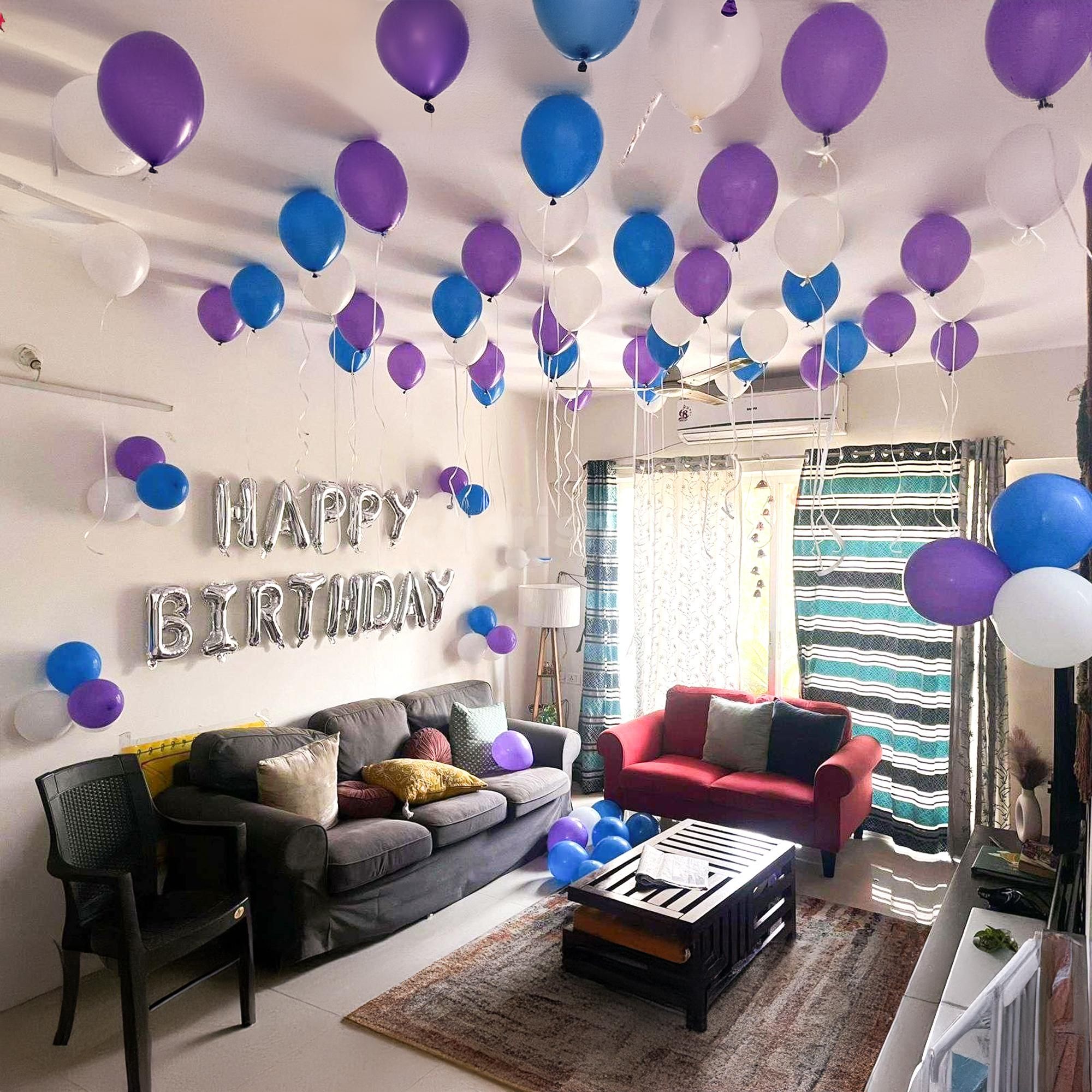 Blue & Purple Ceiling Birthday Surprise balloon decoration setup in Delhi NCR
