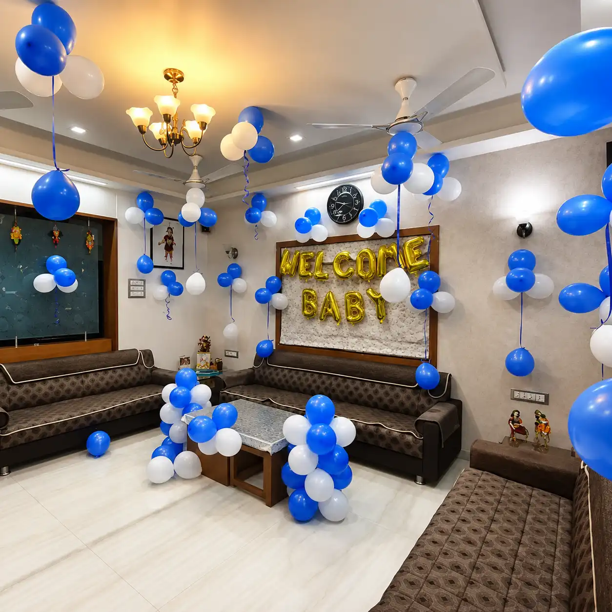 Blue & White Baby Boy Welcome Room balloon decoration setup in Delhi NCR