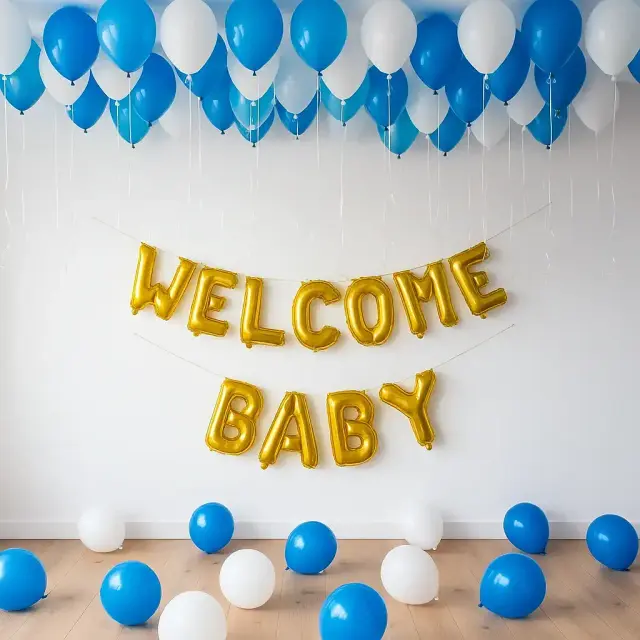 Blue & White Welcome Baby Basic balloon decoration setup in Delhi NCR