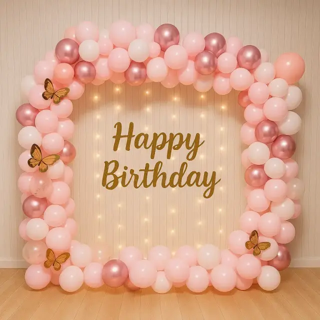 Butterfly Blush Birthday Frame balloon decoration setup in Delhi NCR