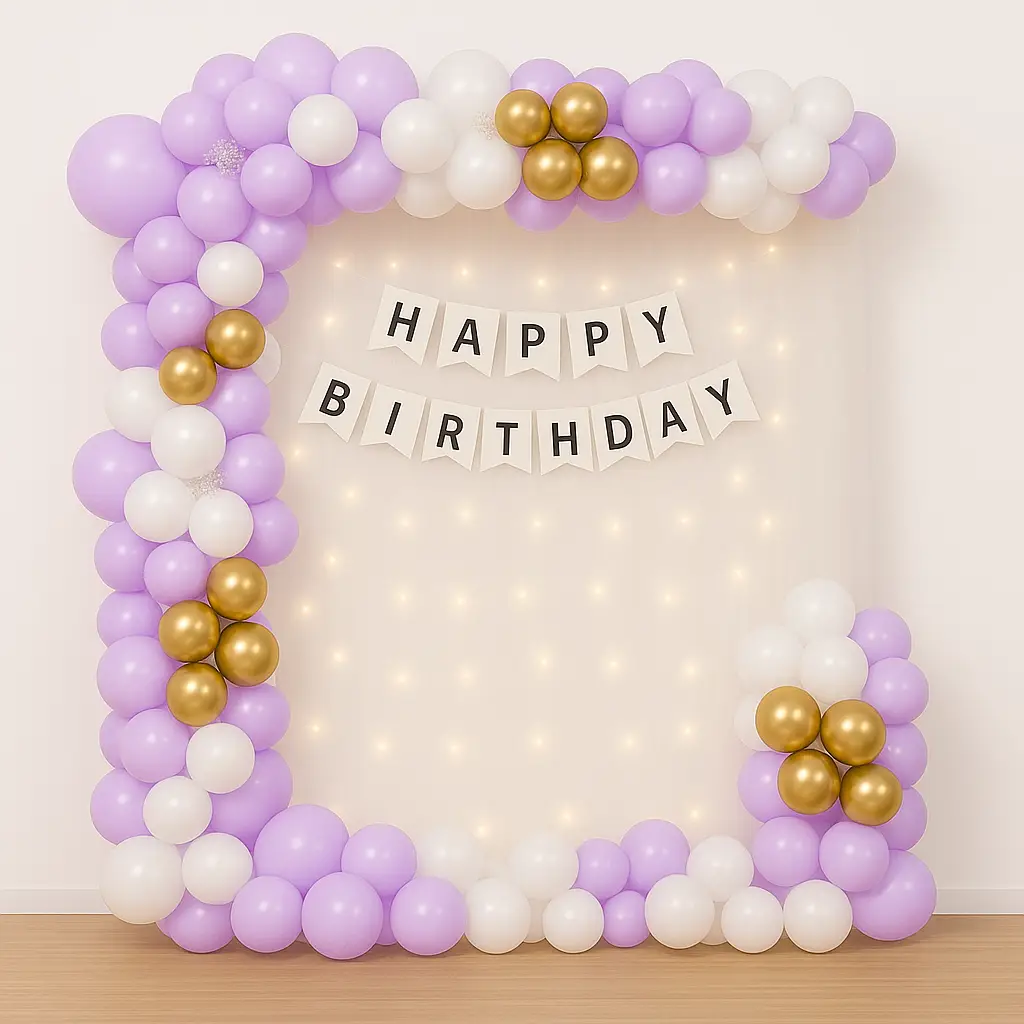 Lavender & Gold Birthday Frame balloon decoration setup in Delhi NCR