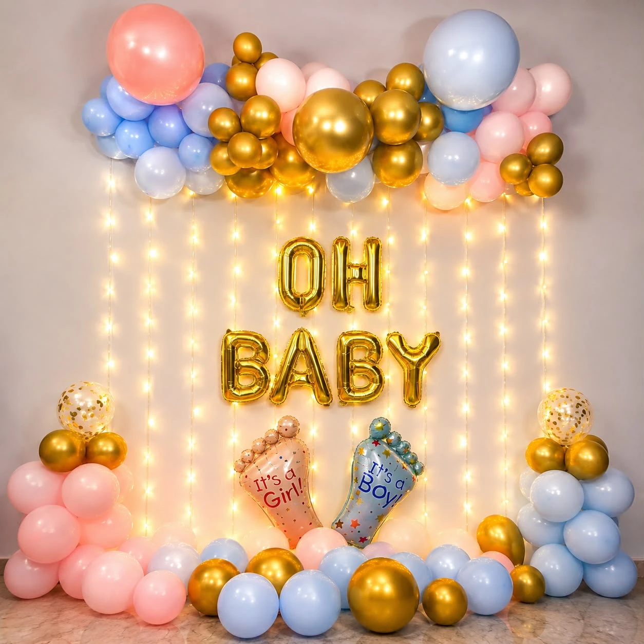 Oh Baby Pastel Fairy Light Wall balloon decoration setup in Delhi NCR
