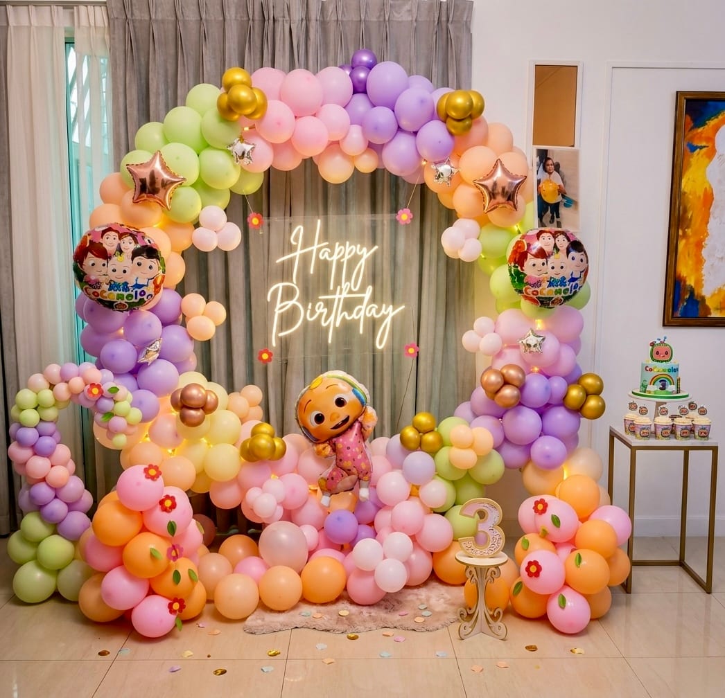 Pastel Cocomelon Birthday Theme balloon decoration setup in Delhi NCR