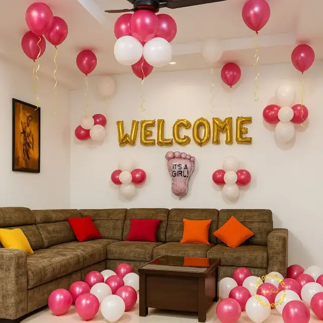 Pink & White Baby Girl Welcome Surprise balloon decoration setup in Delhi NCR