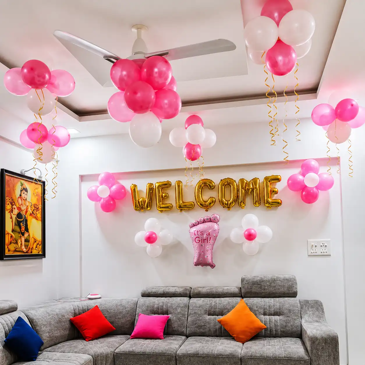 Pink & White Baby Girl Welcome Room balloon decoration setup in Delhi NCR