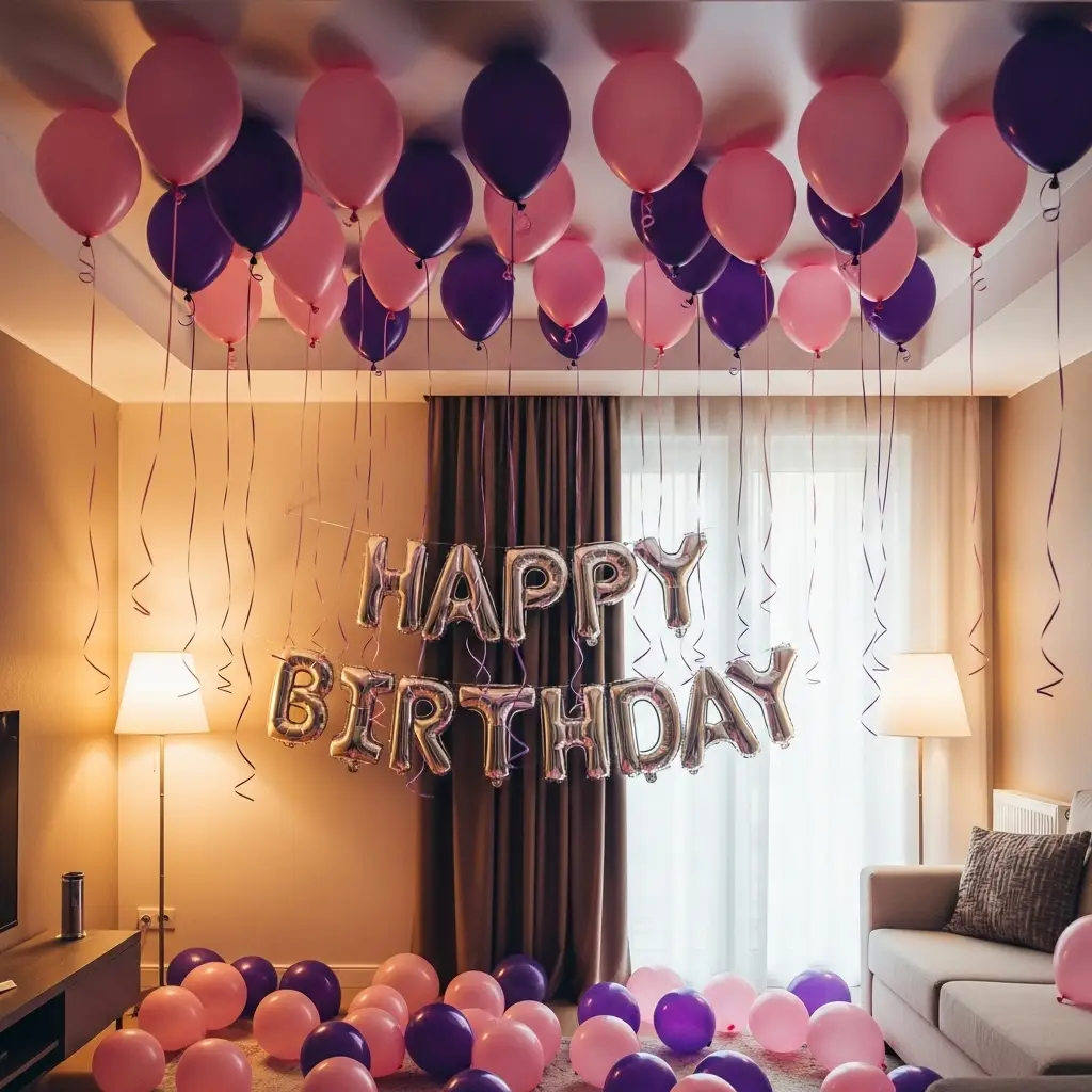 Plum & Pink Ceiling Birthday Surprise balloon decoration setup in Delhi NCR