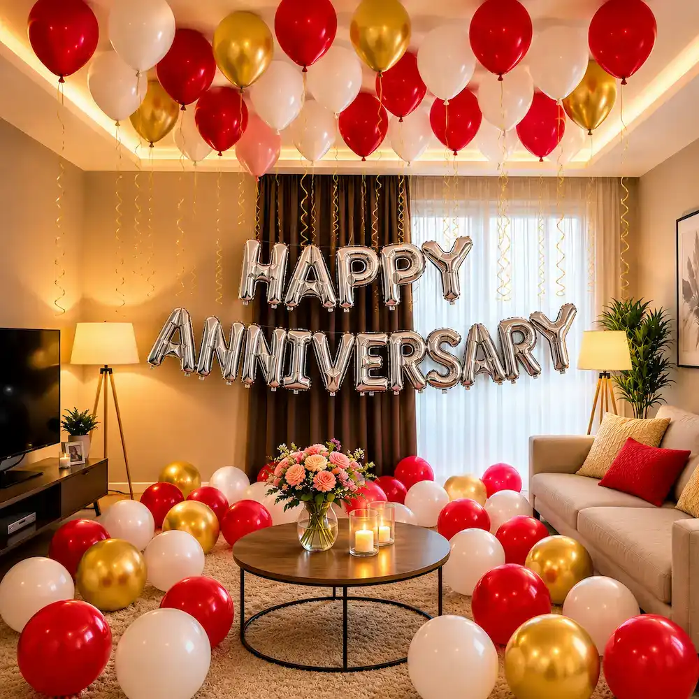 Red & Gold Anniversary Ceiling Surprise balloon decoration setup in Delhi NCR