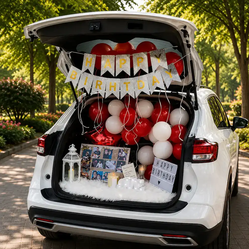 Red & White Car Boot Birthday Surprise balloon decoration setup in Delhi NCR