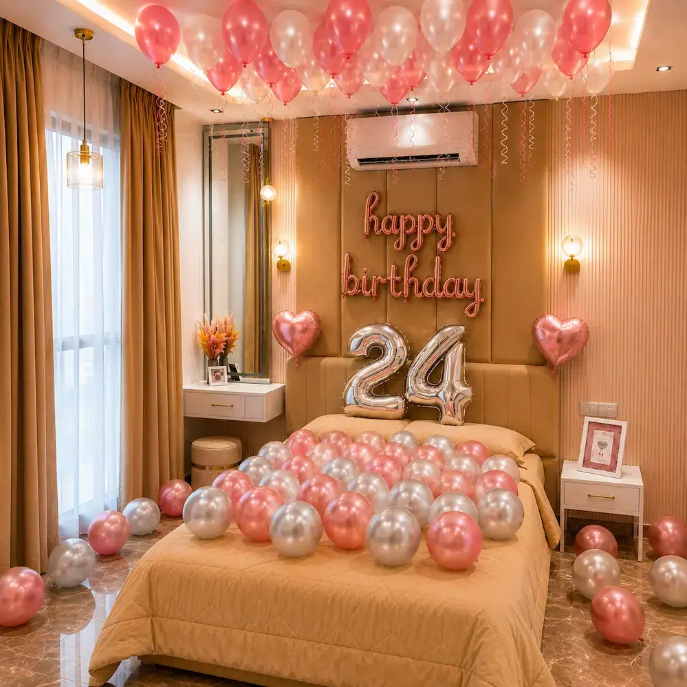 Rose Gold Milestone Bedroom Surprise balloon decoration setup in Delhi NCR