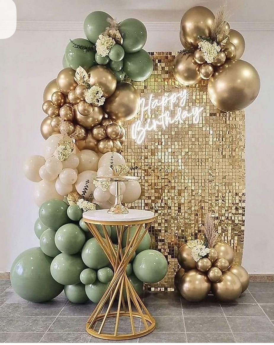 Sage & Gold Shimmer Luxe Backdrop balloon decoration setup in Delhi NCR