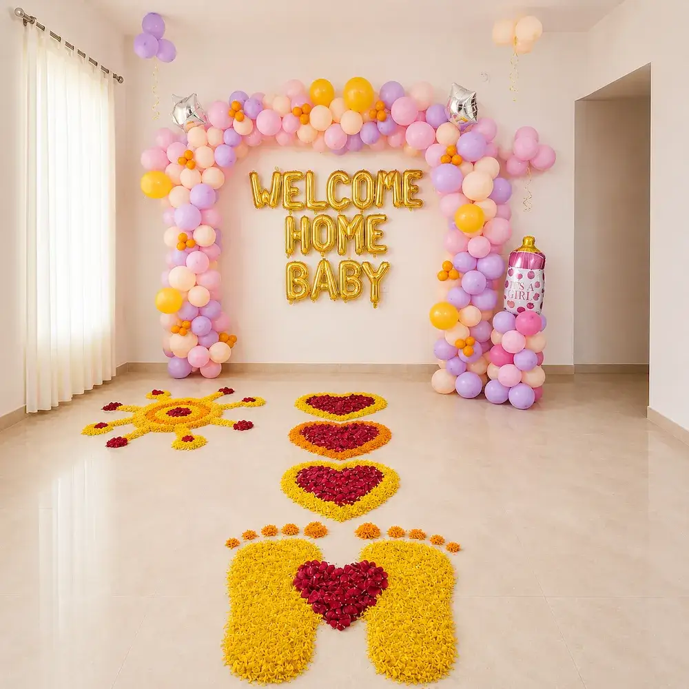 Welcome Home Baby Floral Path balloon decoration setup in Delhi NCR