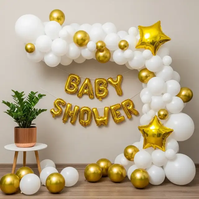White & Gold Baby Shower Star Frame balloon decoration setup in Delhi NCR